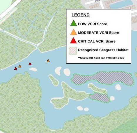 Detail of a VCRI map showing flagged vessels and nearby seagrass habitat