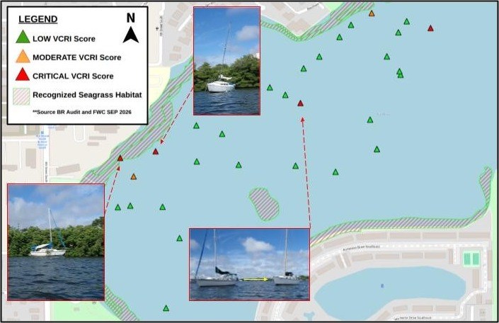 VCRI audit map of a Florida mooring field with vessels scored low, moderate, and critical, photo callouts of flagged sailboats, and recognized seagrass habitat
